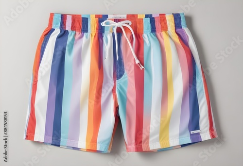 Colorful pastel and white striped swim shorts with and empty label, pale grey background, free space for logo, brand name or commercial, 