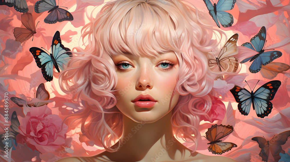 Pink Hair, Butterflies, and Flowers Pink Hair, Butterflies, and Flowers