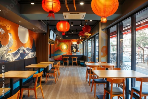 Empty tables and chairs in a modern Japanese cafeteria with colorful decor and natural light photo