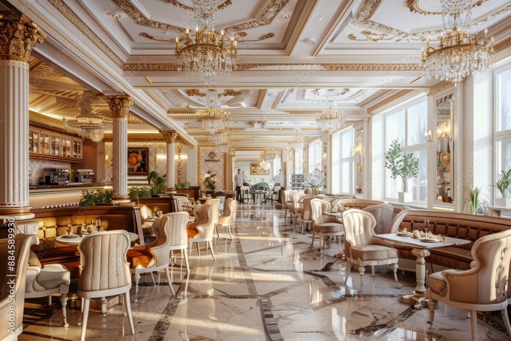 A stylish cafe interior with white marble flooring, ornate chandeliers, and classic furniture A stylish cafe interior with white marble flooring, ornate chandeliers, and classic furniture