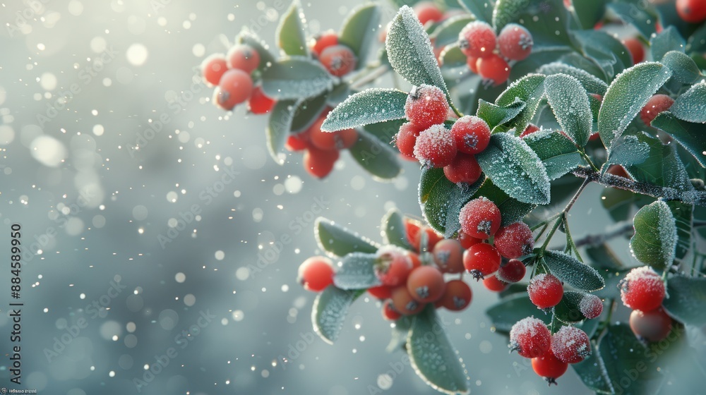 A frost-covered branch with red berries against a softly blurred background of falling snow. A frost-covered branch with red berries against a softly blurred background of falling snow.