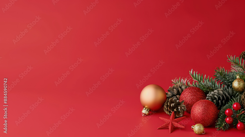 Christmas decoration such as fir branches, Christmas tree baubles and golden stars on a red background with copyspace Christmas decoration such as fir branches, Christmas tree baubles and golden stars on a red background with copyspace