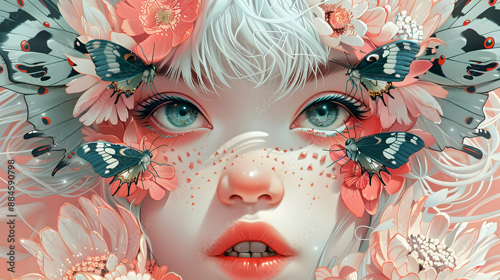 Anime Girl With Butterflies and Flowers