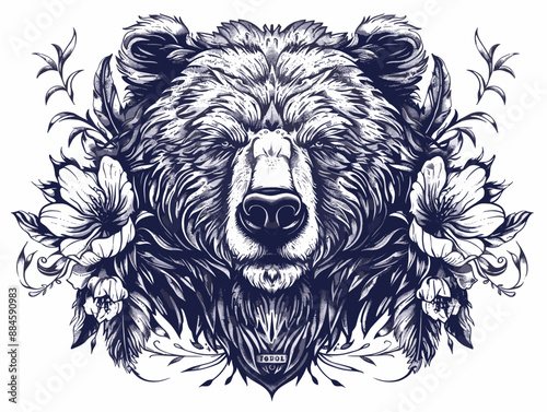 A bear with flowers on its face. The bear is in a blue background
