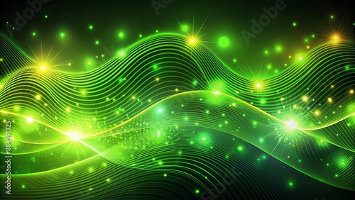 Vibrant neon green gradient illuminates abstract dark background with radiant glowing dots and wavy lines in mesmerizing futuristic composition.