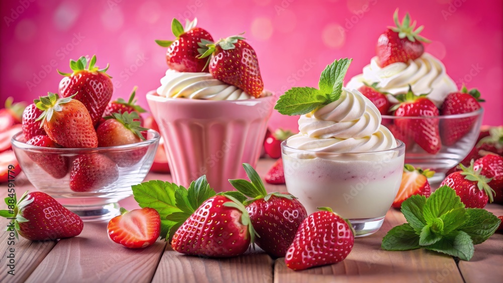 Vibrant pink background showcases a sumptuous arrangement of fresh strawberries alongside creamy treats like milk, yogurt, and whipped cream delights. Vibrant pink background showcases a sumptuous arrangement of fresh strawberries alongside creamy treats like milk, yogurt, and whipped cream delights.