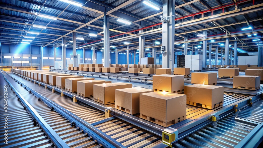 Automated machines efficiently process cardboard box parcels on a conveyor belt in a futuristic high-tech industrial production facility setting. Automated machines efficiently process cardboard box parcels on a conveyor belt in a futuristic high-tech industrial production facility setting.