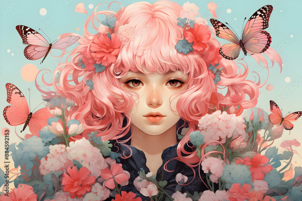 Pink Hair, Flowers, and Butterflies Pink Hair, Flowers, and Butterflies