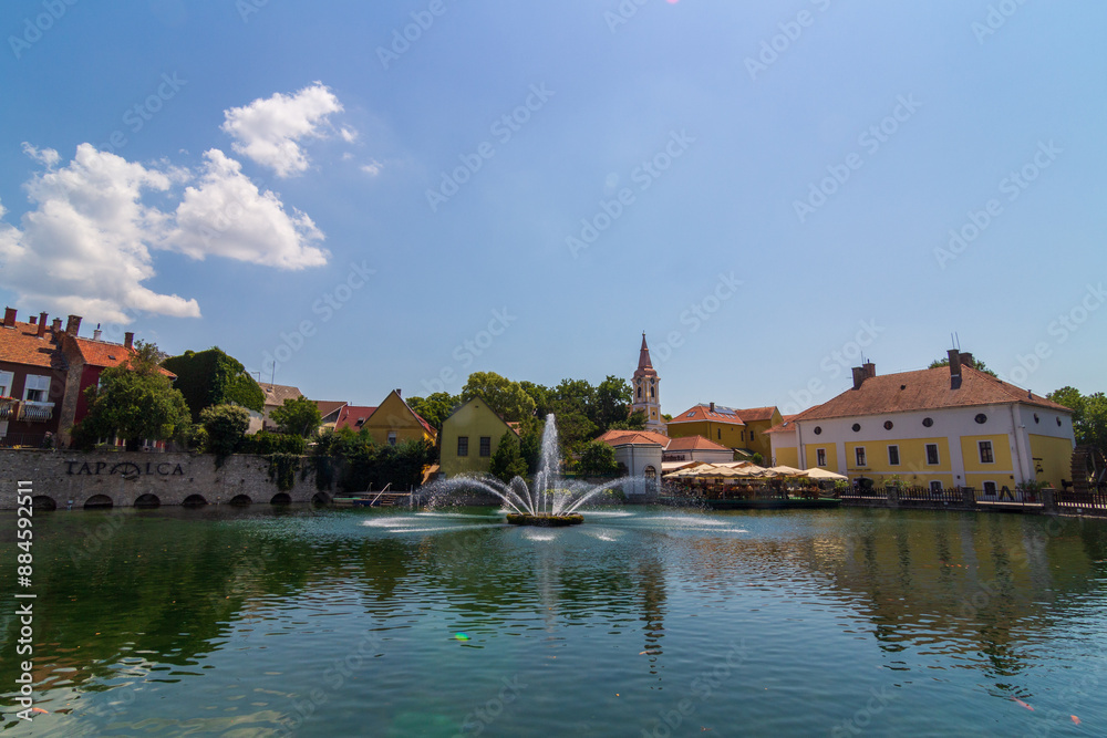 Obraz premium A town of Tapolca in Balaton region of Hungary with lake in the middle of the city and fountain, carps in the lake