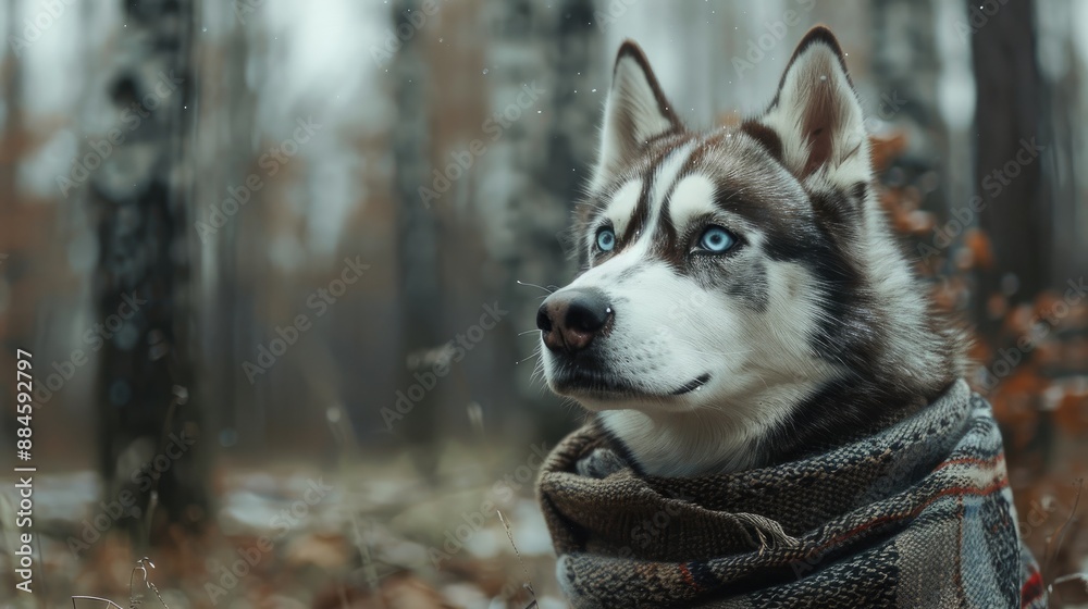 Obraz premium Close up of a Husky dog in a forest with blue eyes and scarf
