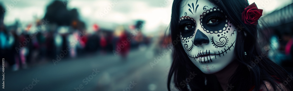 Woman with Sugar Skull Face Paint Holding Rose, Celebrating Dia de los Muertos, Cultural Mexican Tradition, Vibrant Colors and Festive Atmosphere Woman with Sugar Skull Face Paint Holding Rose, Celebrating Dia de los Muertos, Cultural Mexican Tradition, Vibrant Colors and Festive Atmosphere