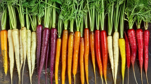  A row of carrots and radishes, topped with leaves