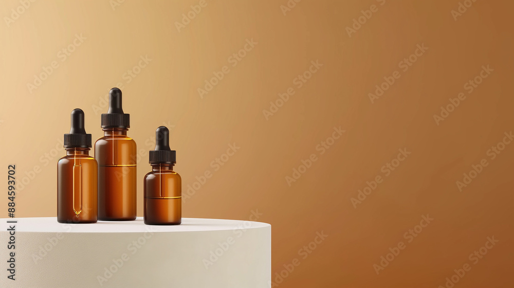 Brown Glass serum Bottles with Droppers on Beige Background, Minimalistic Cosmetic Packaging, Perfect for Essential Oils and Beauty Products Brown Glass serum Bottles with Droppers on Beige Background, Minimalistic Cosmetic Packaging, Perfect for Essential Oils and Beauty Products