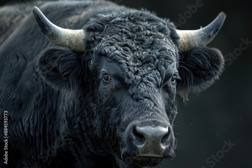 Close-up of a black bull with prominent horns against dark background.