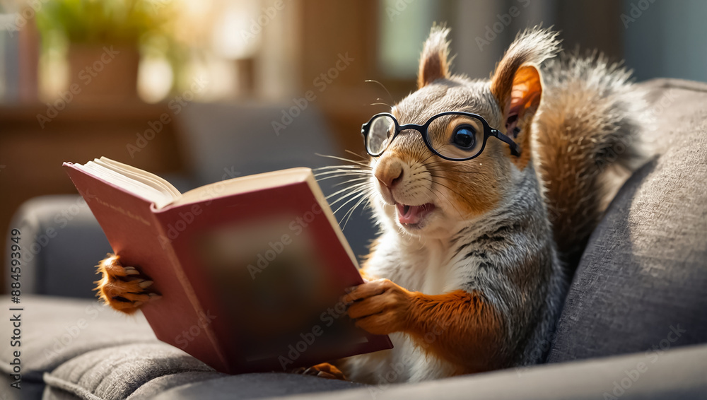 Cute squirrel with a book in the room learn Cute squirrel with a book in the room learn