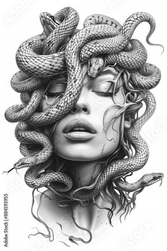 Medusa with snakes coming out of hair, pencil drawing in the style of simple design for tattoo inspired