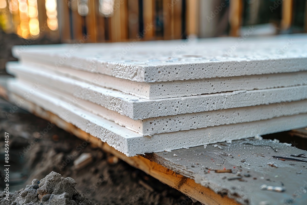 Stack of white foam boards at a construction site on the ground. Stack of white foam boards at a construction site on the ground.