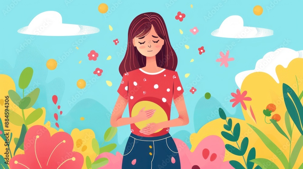 Woman Holding Her Belly with Closed Eyes in a Garden Illustration Woman Holding Her Belly with Closed Eyes in a Garden Illustration