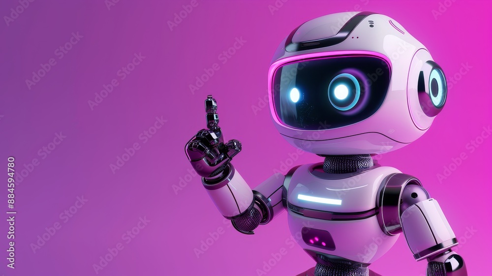 Friendly cartoon robot with pointing hand and winking eye isolated on purple background. Robot for customer support chatbot. Represents the concept of technology and robotic toys. Friendly cartoon robot with pointing hand and winking eye isolated on purple background. Robot for customer support chatbot. Represents the concept of technology and robotic toys.