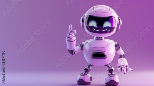 Friendly cartoon robot with pointing hand and winking eye isolated on purple background. Robot for customer support chatbot. Represents the concept of technology and robotic toys.