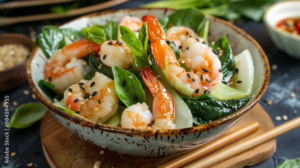 The national cuisine of Japan. Pak choi salad with shrimp. The national cuisine of Japan. Pak choi salad with shrimp.