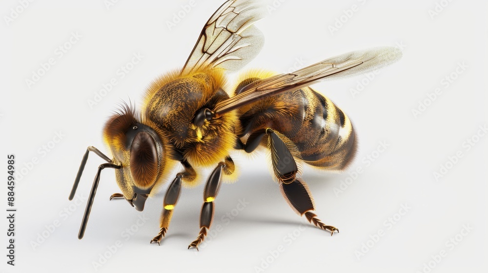 Intricate and lifelike 3D vector rendering of a bee isolated on a white backdrop, depicting the process of collecting honey or propolis. Intricate and lifelike 3D vector rendering of a bee isolated on a white backdrop, depicting the process of collecting honey or propolis.