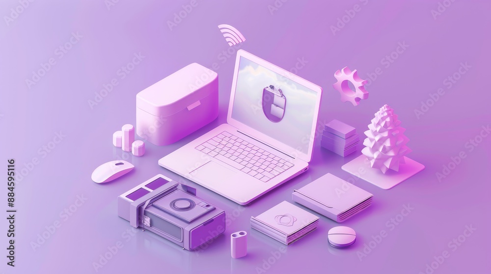 Isometric 3D file processing icon on white in purple pastel background. 3D image in high resolution. Isometric 3D file processing icon on white in purple pastel background. 3D image in high resolution.
