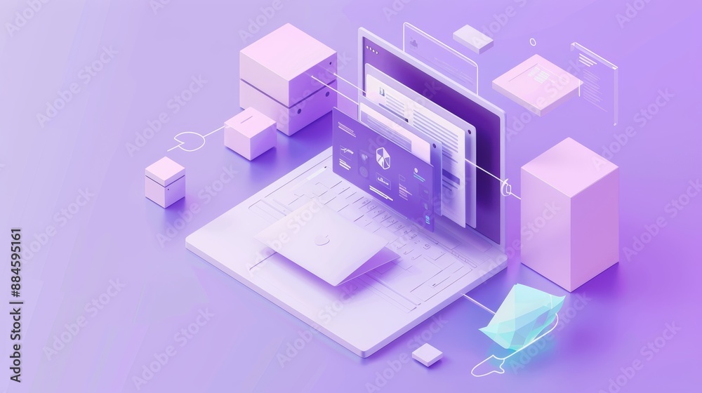 Obraz premium Isometric 3D file processing icon on white in purple pastel background. 3D image in high resolution.