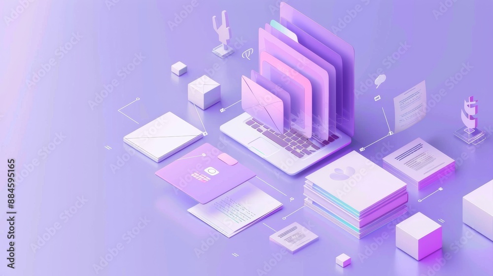 Isometric 3D file processing icon on white in purple pastel background. 3D image in high resolution. Isometric 3D file processing icon on white in purple pastel background. 3D image in high resolution.