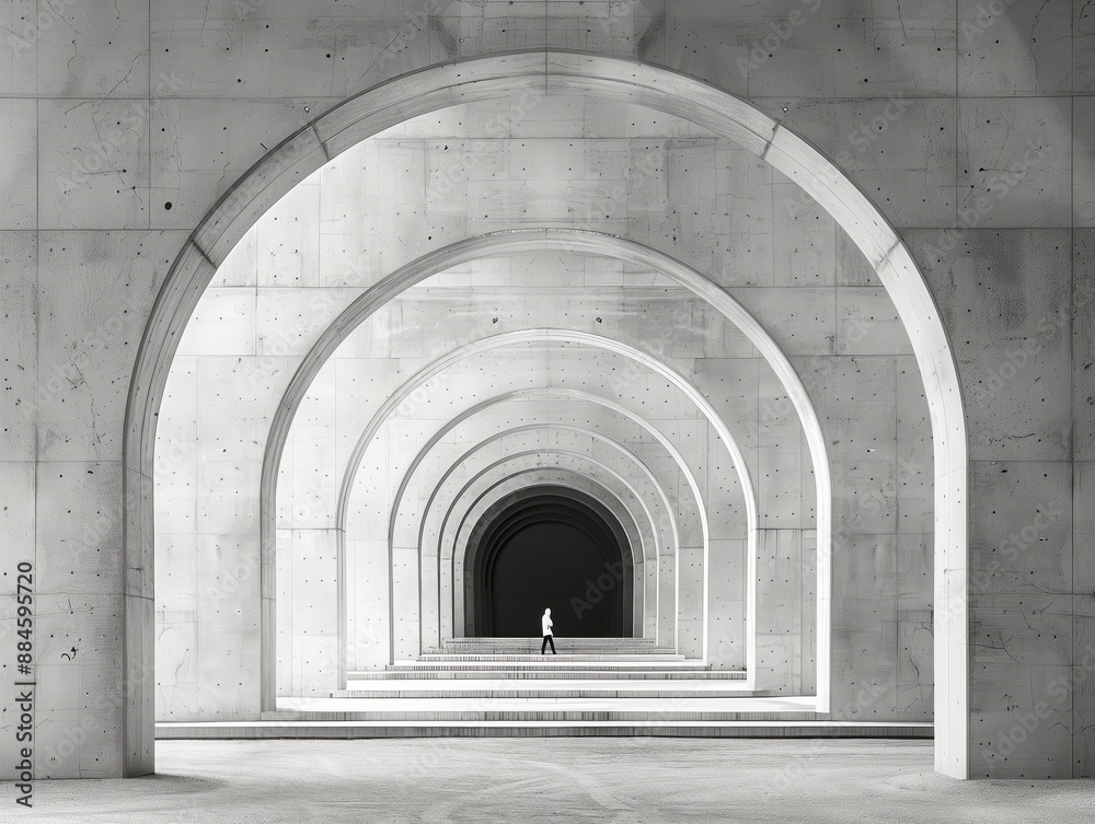 A black and white photograph of an architectural structure with symmetrical lines, a person standing at the center surrounded by arches, creating a sense of depth in perspective. A black and white photograph of an architectural structure with symmetrical lines, a person standing at the center surrounded by arches, creating a sense of depth in perspective.