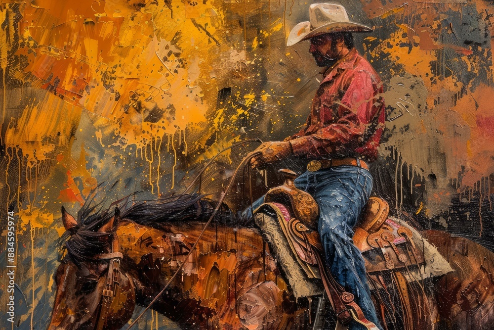 Vibrant abstract painting of a cowboy riding a horse, with expressive strokes on a textured background Vibrant abstract painting of a cowboy riding a horse, with expressive strokes on a textured background