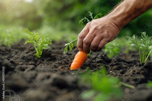 Homem colhendo cenoura de uma plantação, ideal para uso em publicidade, agricultura sustentável e campanhas alimentares photo