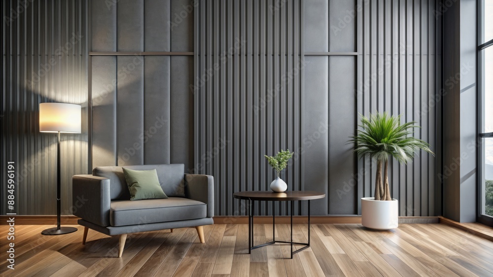 Minimalist interior showcases sleek grey wall panels alongside a modern black side table on a polished natural wood floor. Minimalist interior showcases sleek grey wall panels alongside a modern black side table on a polished natural wood floor.