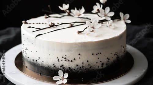  A close-up of a cake on a plate, adorned with colorful flowers atop, and black-and-white frosting at the base