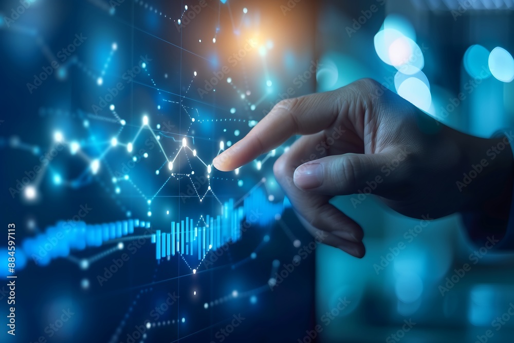 Businessman touching and analyzing data of economic growth graph and progress of business Businessman touching and analyzing data of economic growth graph and progress of business