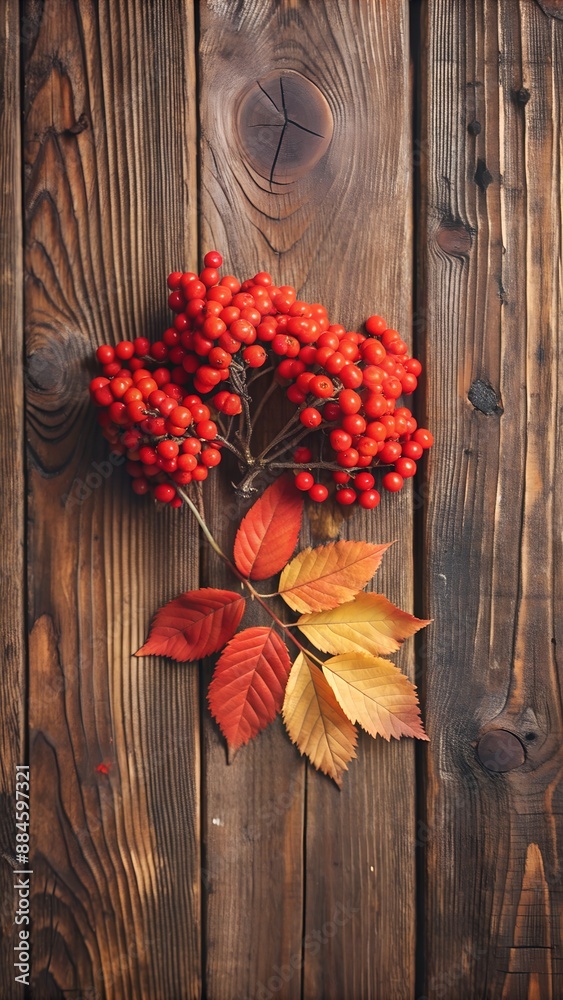 Autumn leaves and rowan berries on a brown wooden background. Autumn leaves and rowan berries on a brown wooden background.