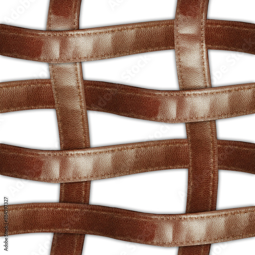 Seamless isolated png photo of leather brown colored belt braided strap mesh pattern on transparent background.