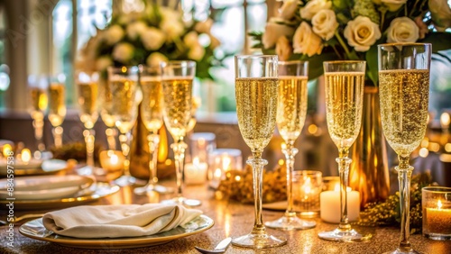 Elegant golden flutes filled with bubbly liquid on a elaborately set table with white linens and ornate centerpiece backdrop. photo