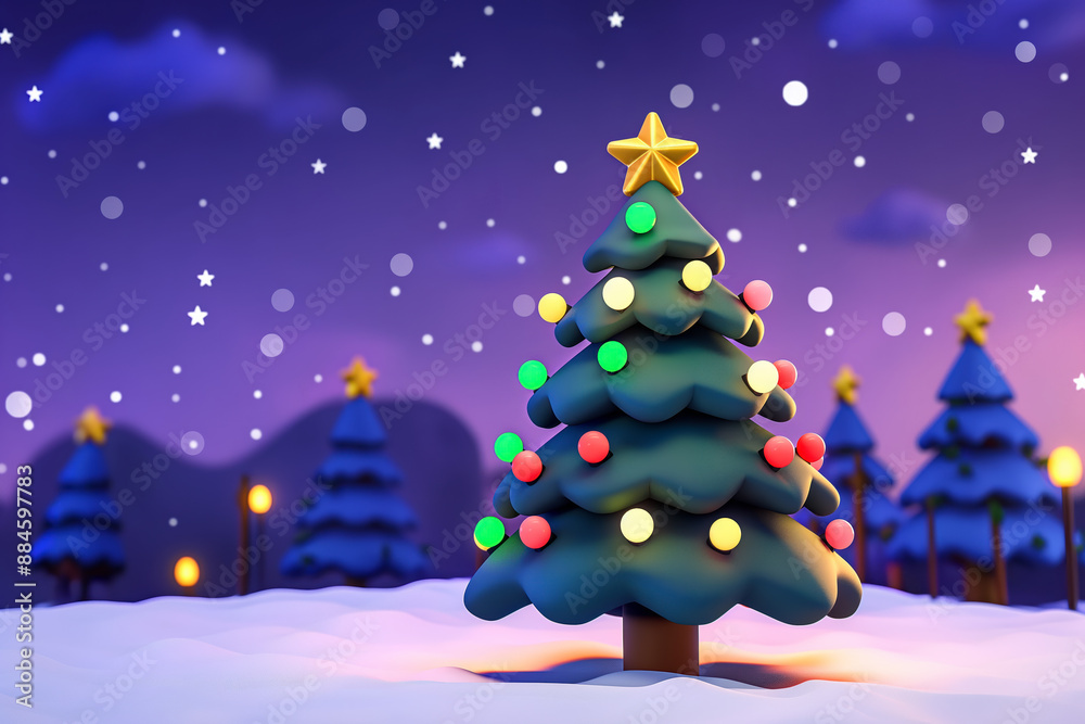 Obraz premium Christmas Tree with Colorful Lights in Snowy Forest at Night with Starry Sky