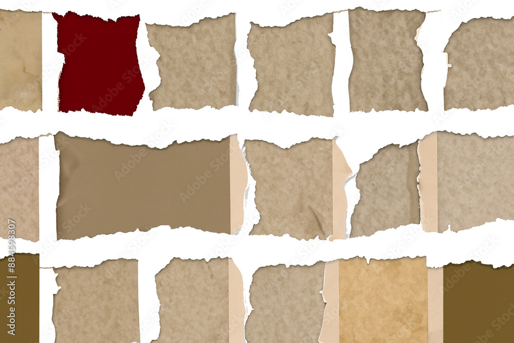 A collection of torn paper with one piece of paper having a red border A collection of torn paper with one piece of paper having a red border