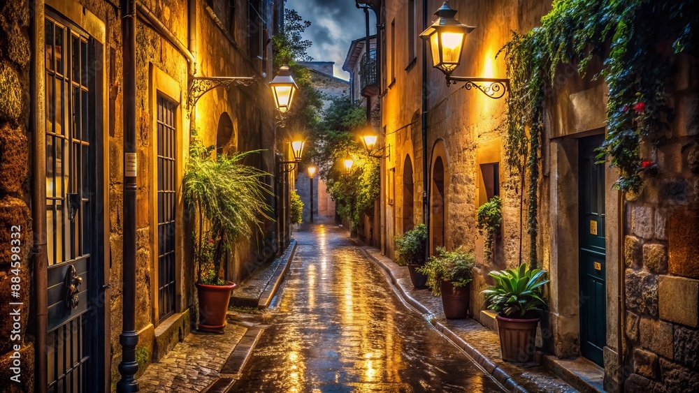 A charming and detailed photo of a narrow alleyway in an old town, glistening with rain and illuminated by soft streetlights. A charming and detailed photo of a narrow alleyway in an old town, glistening with rain and illuminated by soft streetlights.