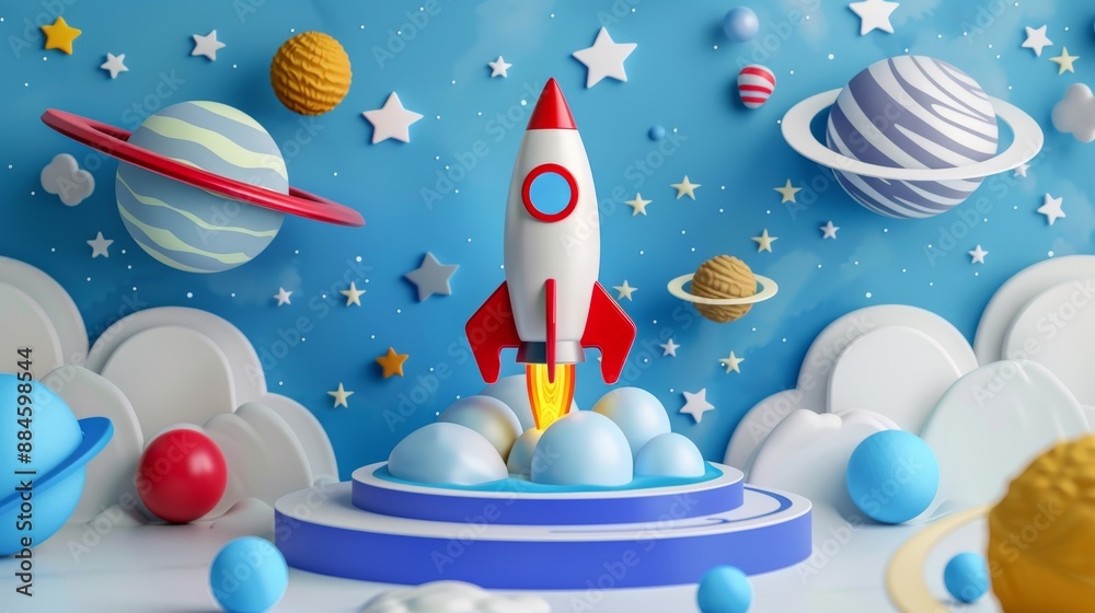 Naklejka premium 3D kid podium stage with space rocket, galaxy planets and stars. Kids podium stand on background with cartoon toy rocket spaceship and galaxy planets in sky with stars for product display.