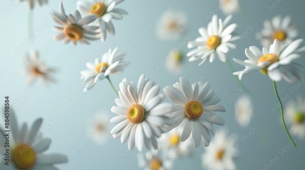 3D rendering of a Daisy plastic flower flying in different positions. White-petaled chamomile blooms great for spring or summer designs.
