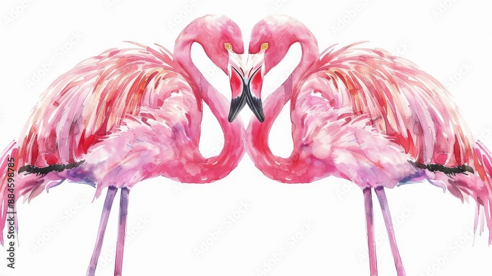 Obraz premium Adoring Flamingo Pair in Pastel Pink on White Backdrop, Summertime Sweethearts
