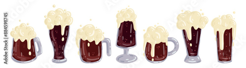 Collection of various glasses of dark foamy beer.Vector graphics.