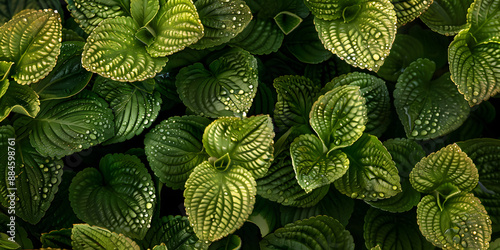 Gotas de água cintilantes em folhas verdes vibrantes. photo