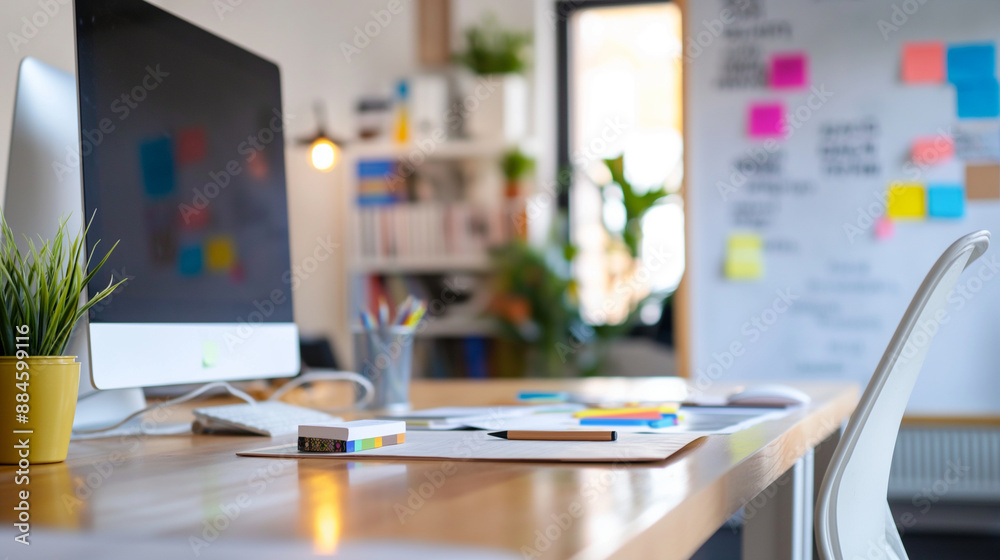 A corner of the office designed for brainstorming and collaboration, creative and dynamic, left third copy space