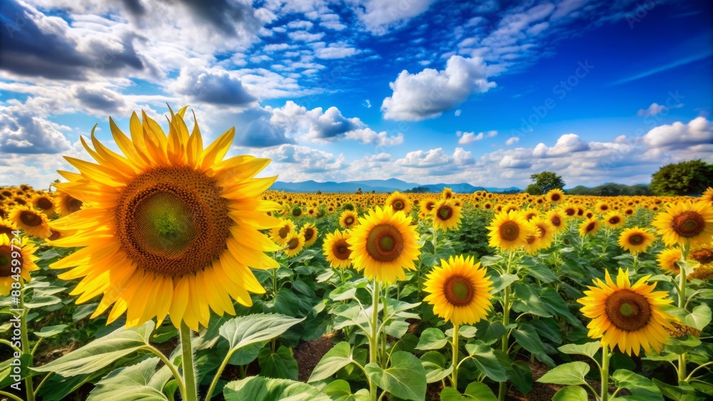 Obraz premium A field of sunflowers under a blue sky.