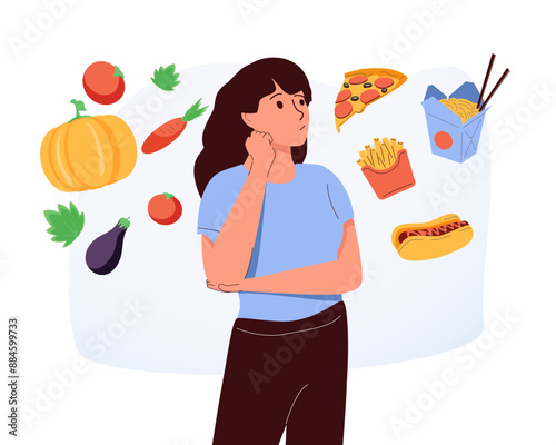 Woman choosing between healthy and unhealthy food concept flat vector illustration. Fastfood vs balanced menu comparison