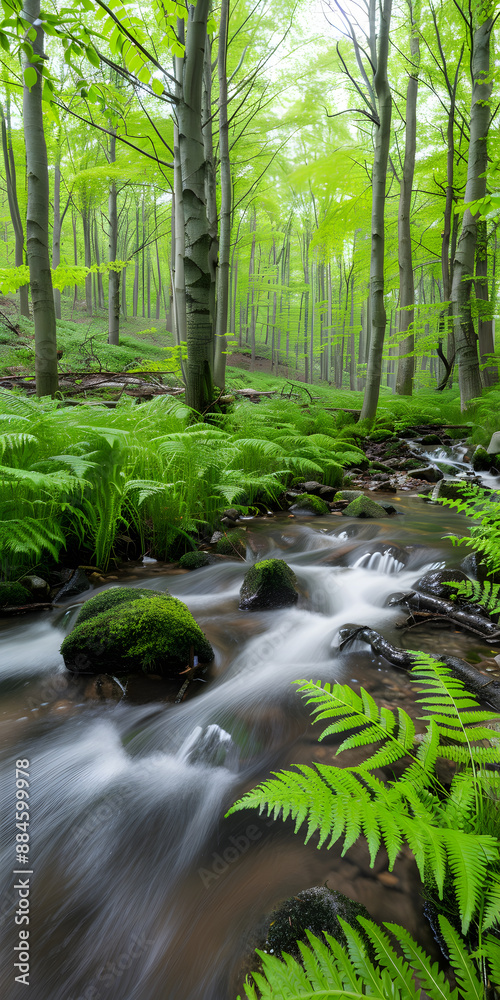 Obraz premium Floresta verde exuberante com um rio caudaloso e límpido